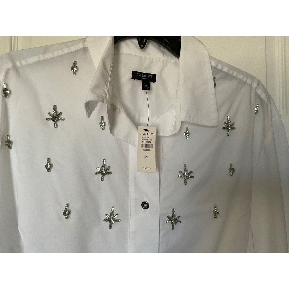 NWT TALBOTS WHITE Blouse PL Petite Large Rhinestones Peridot green&Clear stones